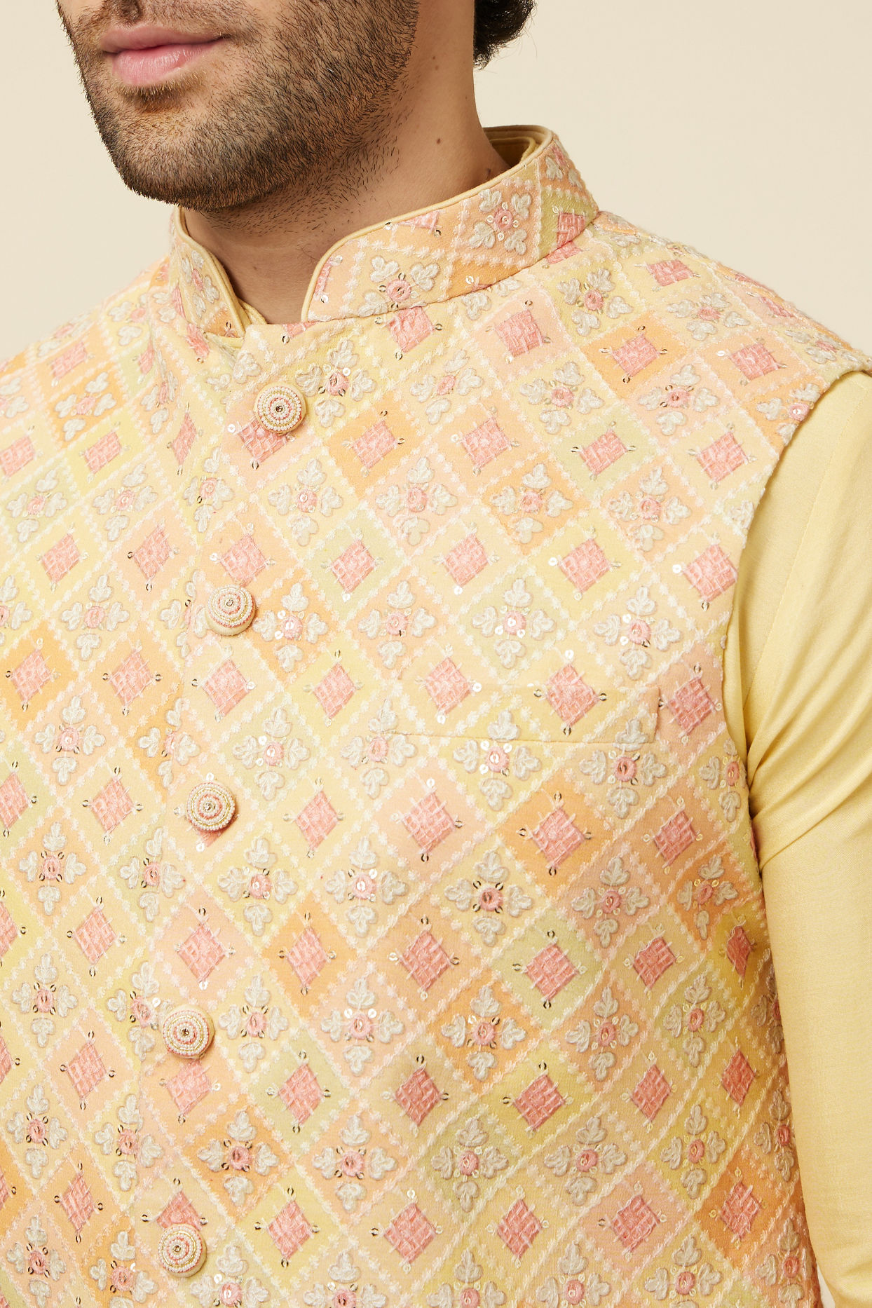 alt message - Manyavar Men Lemon Drop Yellow Self Patterned Kurta Jacket Set image number 1