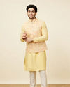 alt message - Manyavar Men Lemon Drop Yellow Self Patterned Kurta Jacket Set image number 2