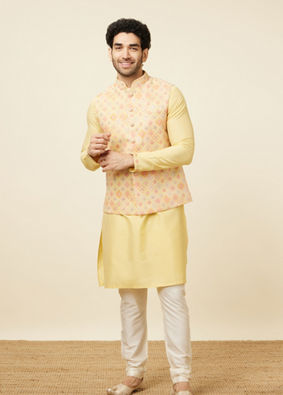 alt message - Manyavar Men Lemon Drop Yellow Self Patterned Kurta Jacket Set image number 2