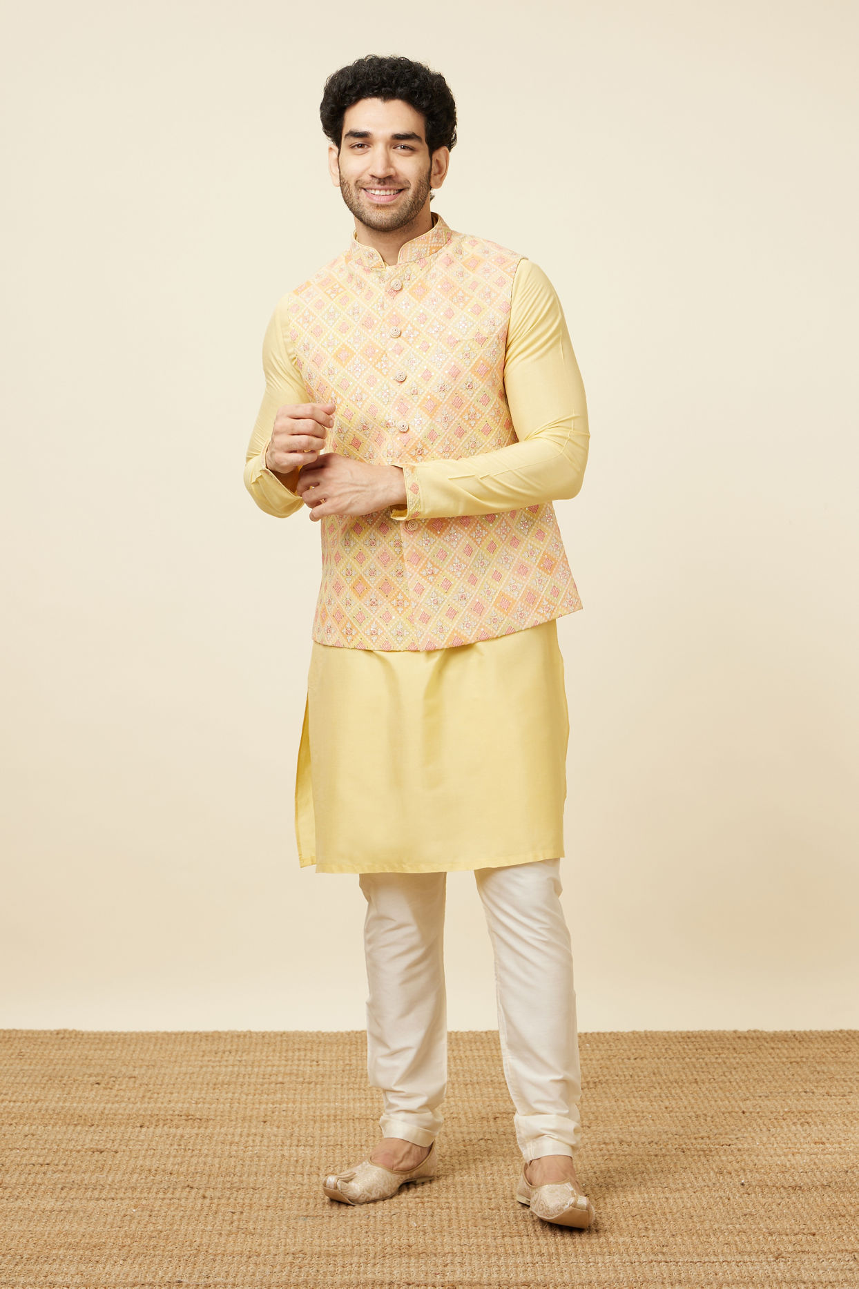 alt message - Manyavar Men Lemon Drop Yellow Self Patterned Kurta Jacket Set image number 2