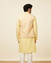 alt message - Manyavar Men Lemon Drop Yellow Self Patterned Kurta Jacket Set image number 3