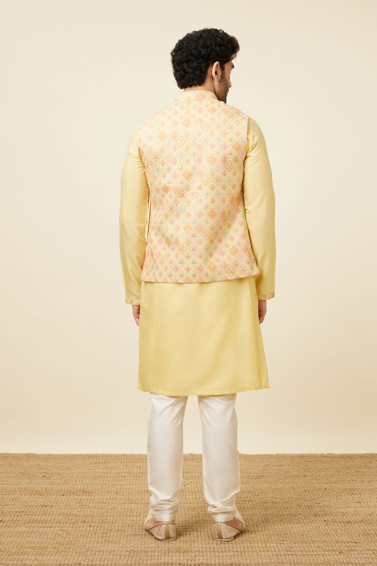 alt message - Manyavar Men Lemon Drop Yellow Self Patterned Kurta Jacket Set image number 3