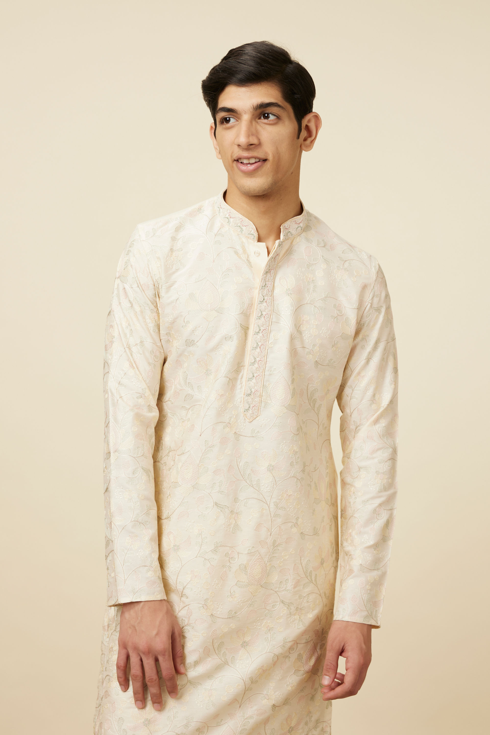 Manyavar Men Off White Celebration Wear Self Design Kurta Pajama