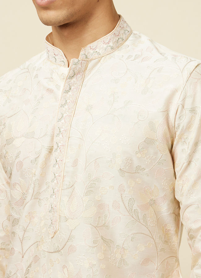 alt message - Manyavar Men Off White Celebration Wear Self Design Kurta Pajama image number 1