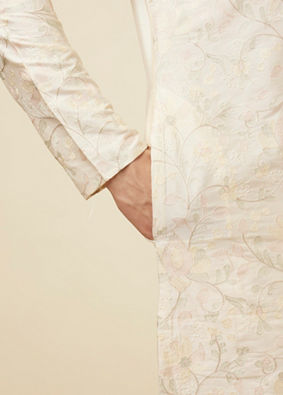 Off White Celebration Wear Self Design Kurta Pajama image number 3