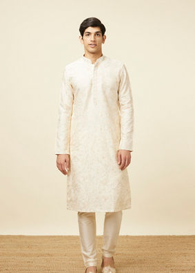 Off White Celebration Wear Self Design Kurta Pajama image number 2