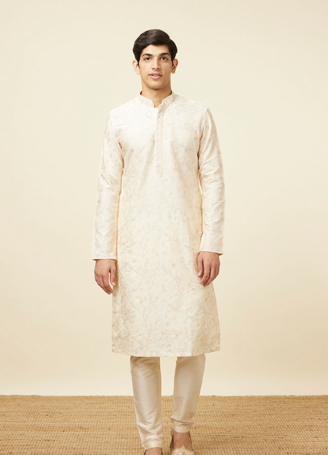 alt message - Manyavar Men Off White Celebration Wear Self Design Kurta Pajama image number 2
