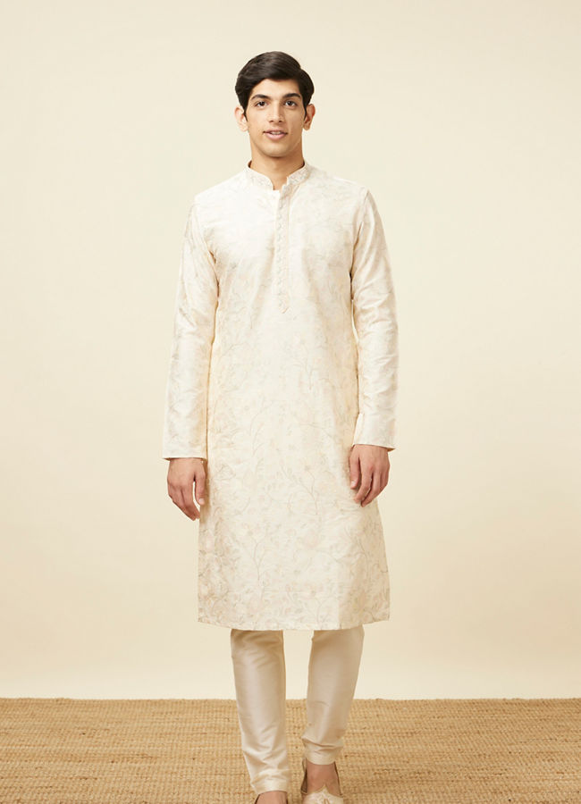 Manyavar Men Off White Celebration Wear Self Design Kurta Pajama