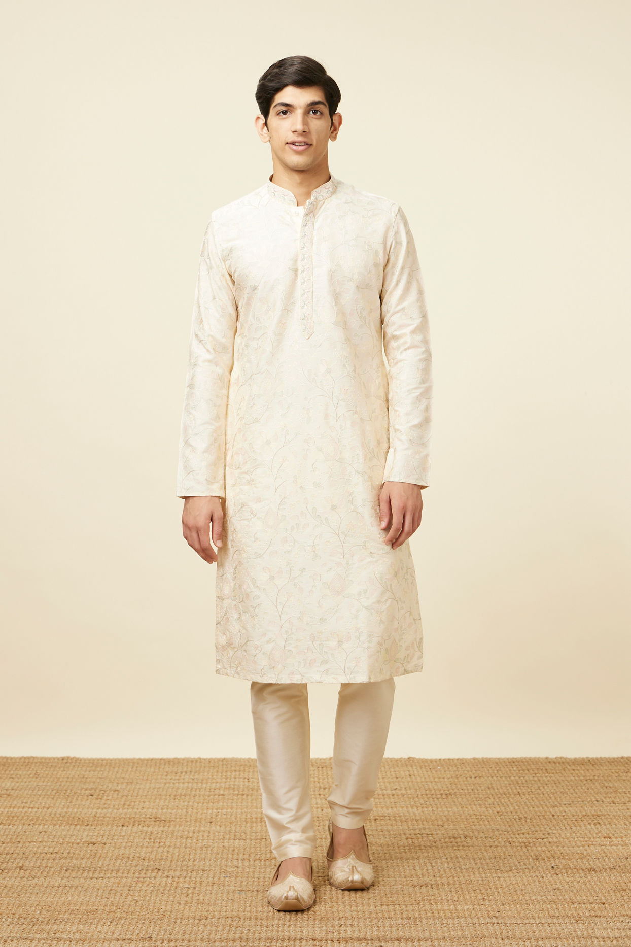 Off White Celebration Wear Self Design Kurta Pajama image number 2