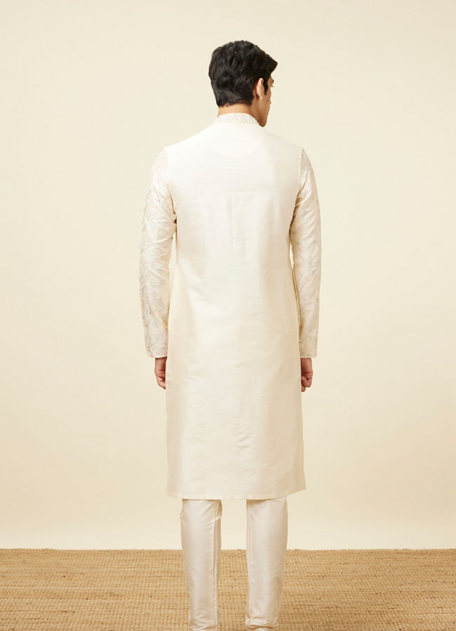 alt message - Manyavar Men Off White Celebration Wear Self Design Kurta Pajama image number 5