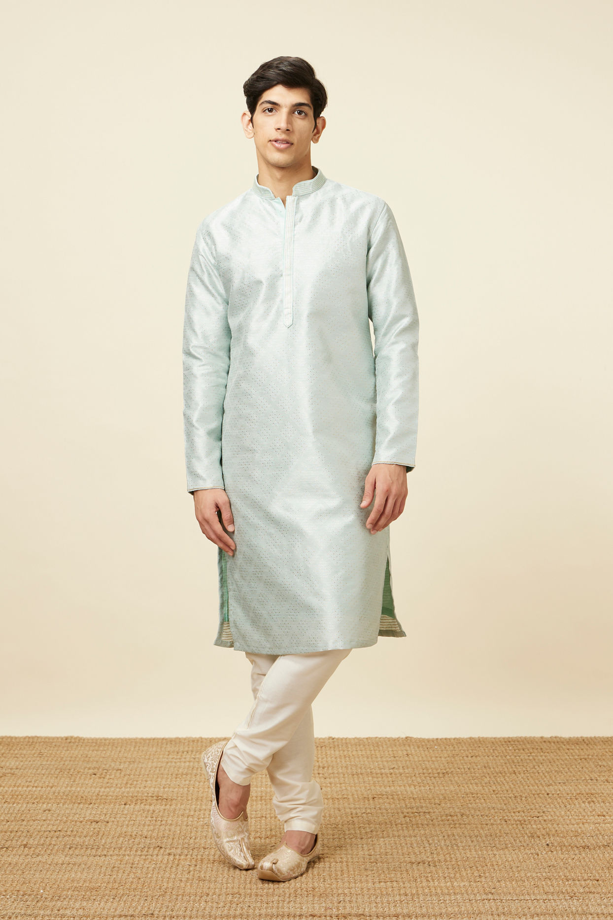 alt message - Manyavar Men Powder Blue Jacquard Kurta Pajama image number 2