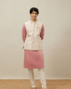 Manyavar Men Pearled Ivory White Floral Patterned Jacket Set