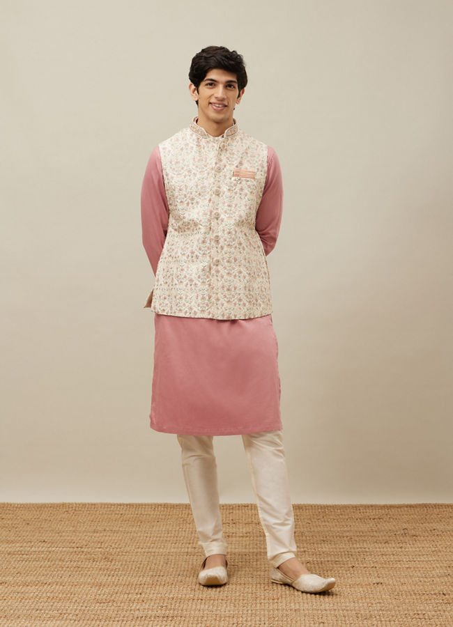 Manyavar Men Pearled Ivory White Floral Patterned Jacket Set
