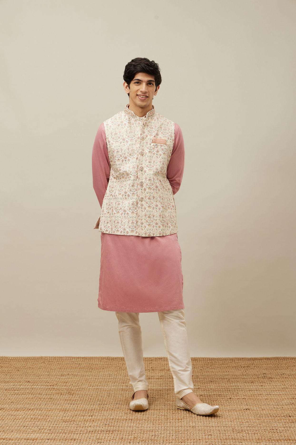 Manyavar Men Pearled Ivory White Floral Patterned Jacket Set