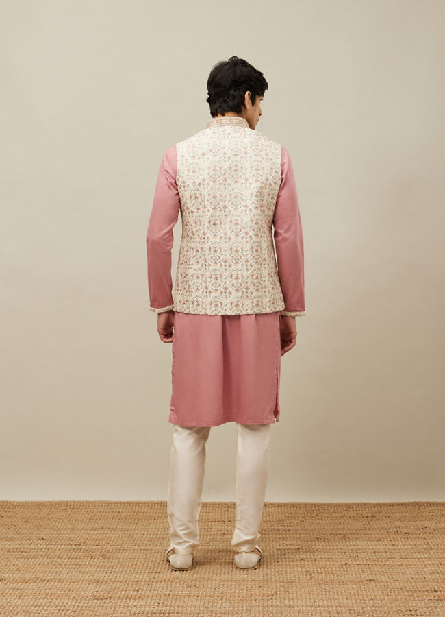 Manyavar Men Pearled Ivory White Floral Patterned Jacket Set