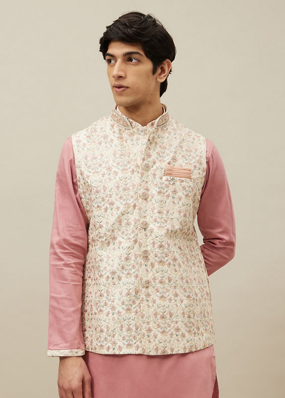 Manyavar Men Pearled Ivory White Floral Patterned Jacket Set