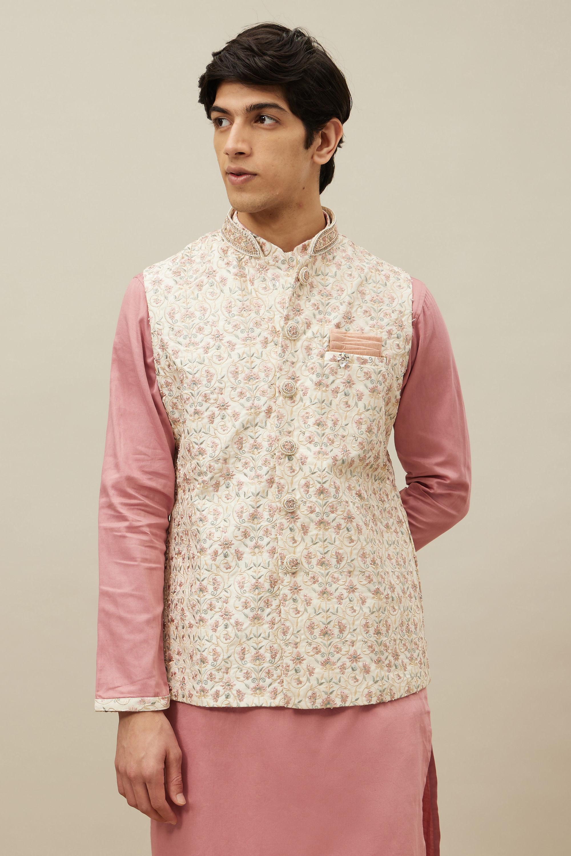 Manyavar Men Pearled Ivory White Floral Patterned Jacket Set