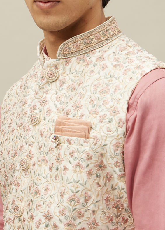 Manyavar Men Pearled Ivory White Floral Patterned Jacket Set