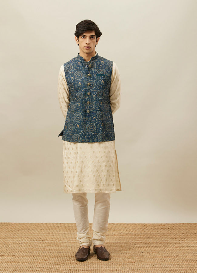 Manyavar Men Pine Green Tribal Art Printed Jacket