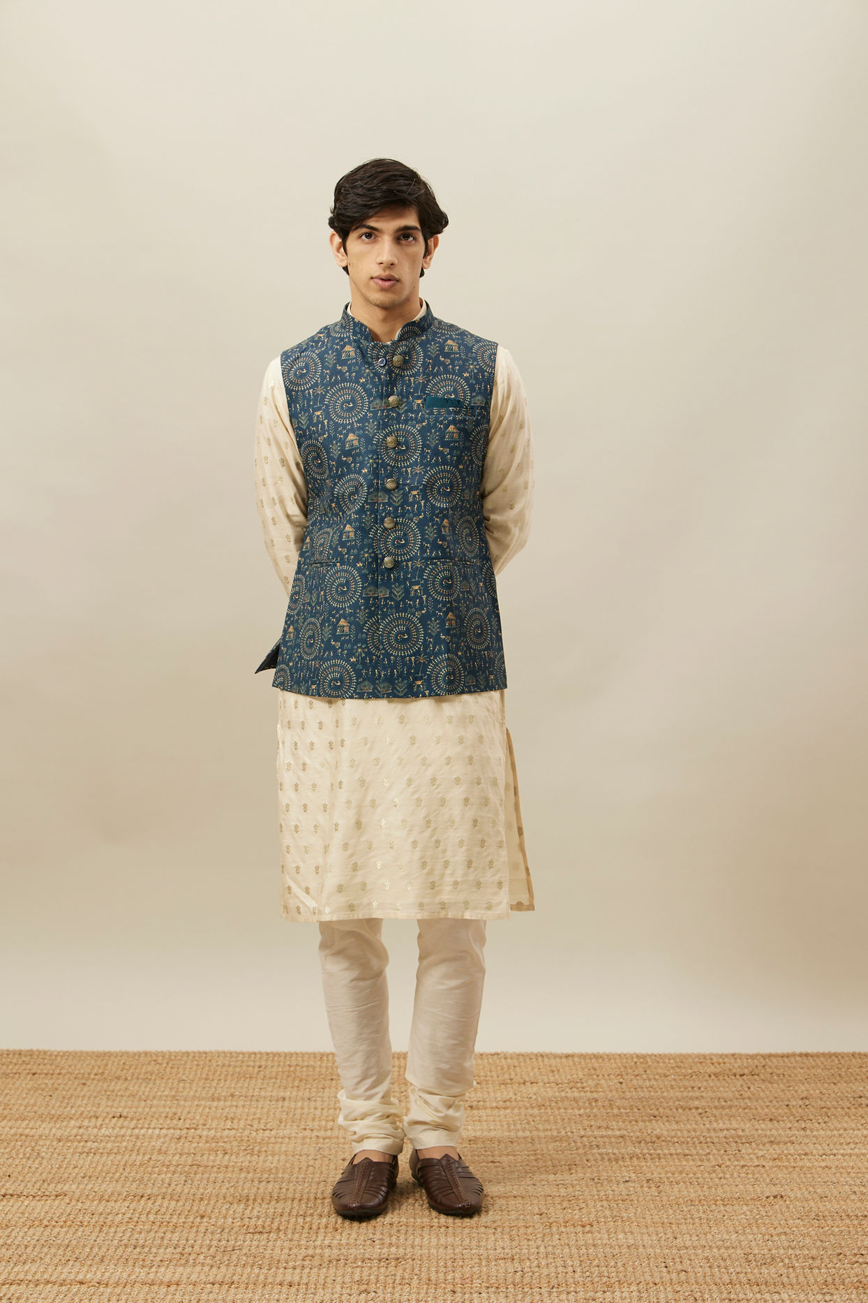 Manyavar Men Pine Green Tribal Art Printed Jacket