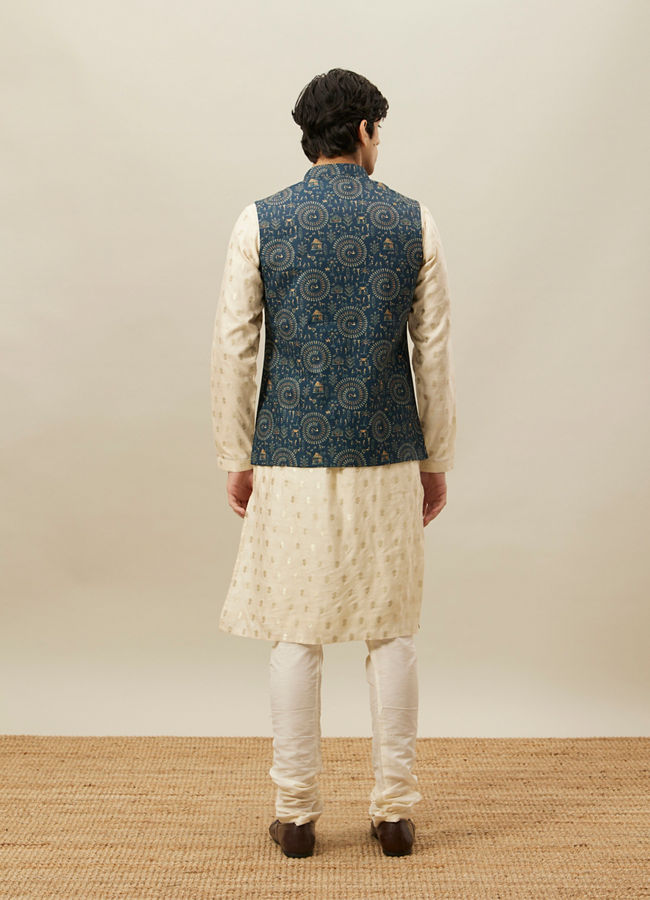 Manyavar Men Pine Green Tribal Art Printed Jacket