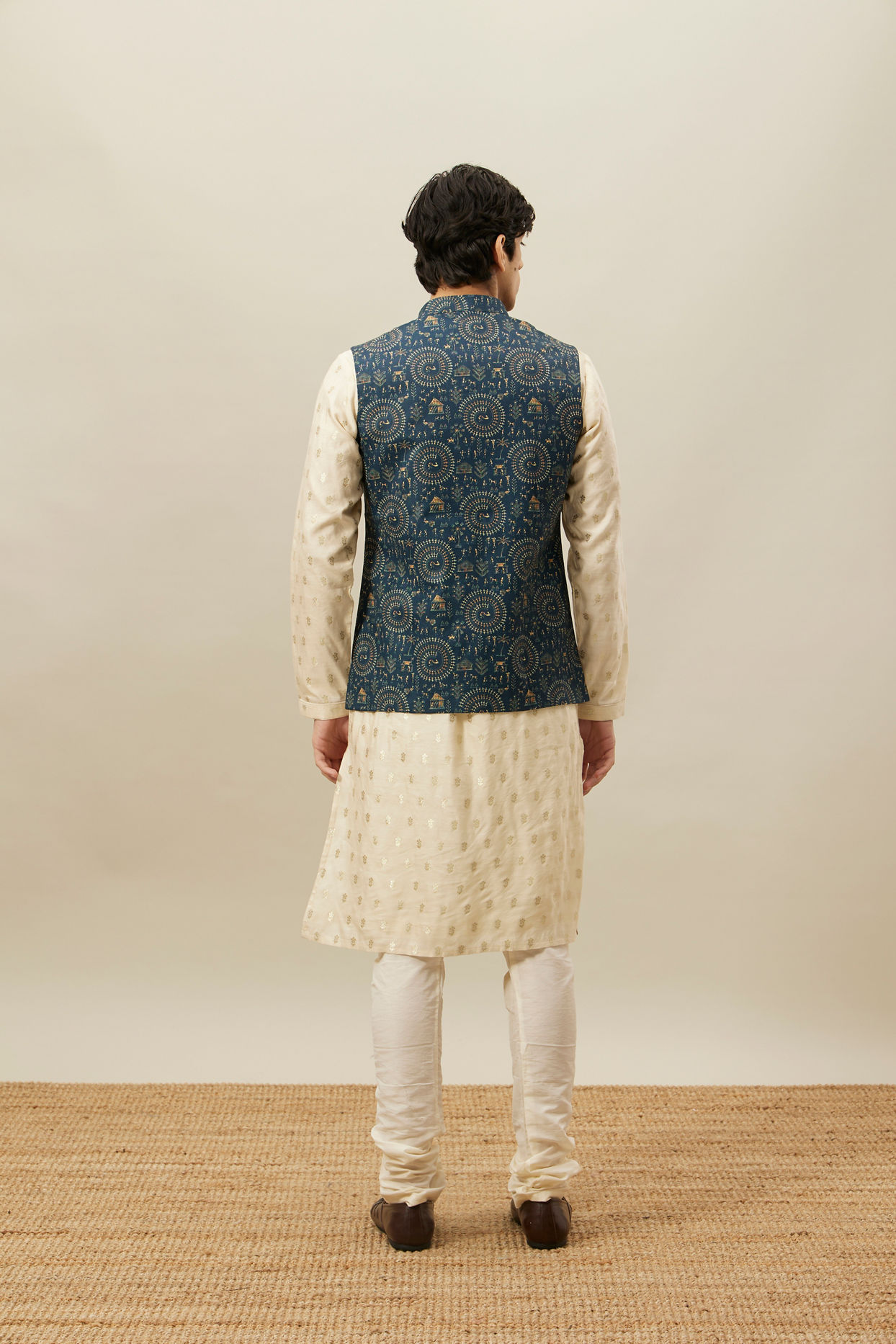Manyavar Men Pine Green Tribal Art Printed Jacket