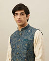Manyavar Men Pine Green Tribal Art Printed Jacket