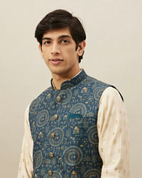 Manyavar Men Pine Green Tribal Art Printed Jacket