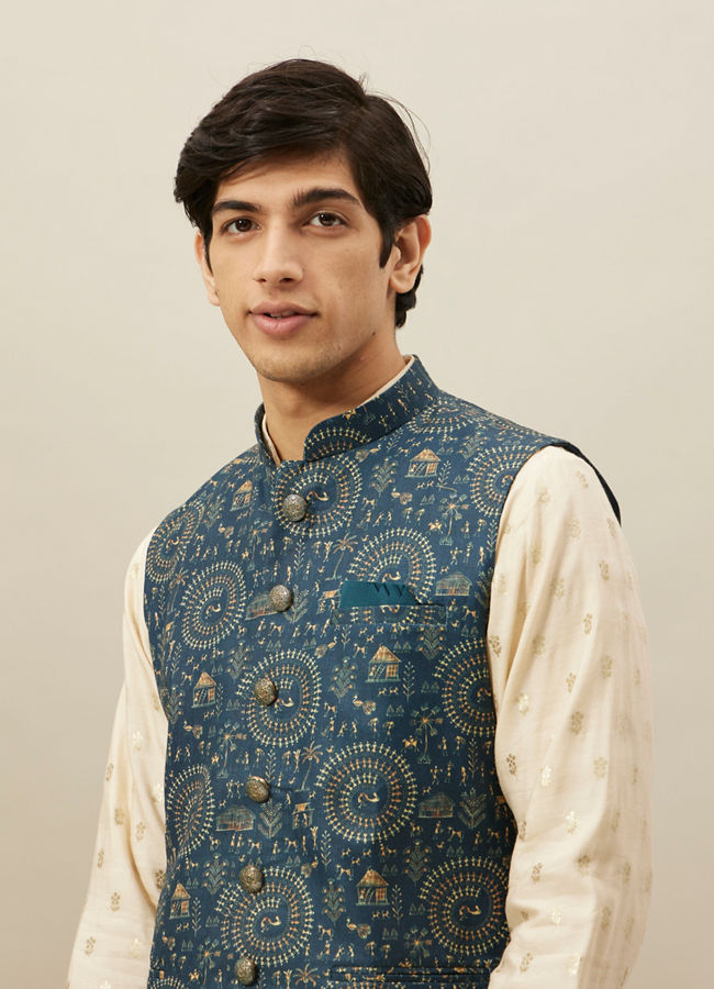 alt message - Manyavar Men Pine Green Tribal Art Printed Jacket image number 1