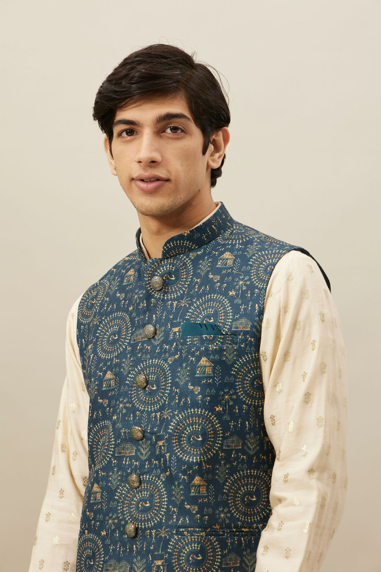 Manyavar Men Pine Green Tribal Art Printed Jacket
