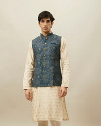 Manyavar Men Pine Green Tribal Art Printed Jacket