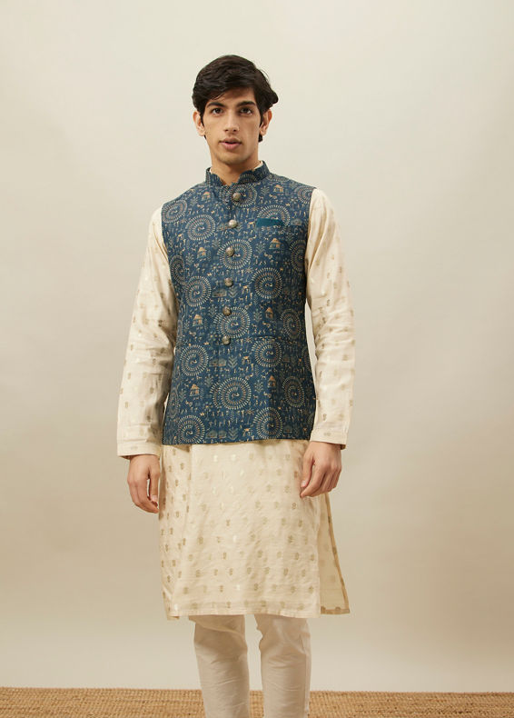 Manyavar Men Pine Green Tribal Art Printed Jacket