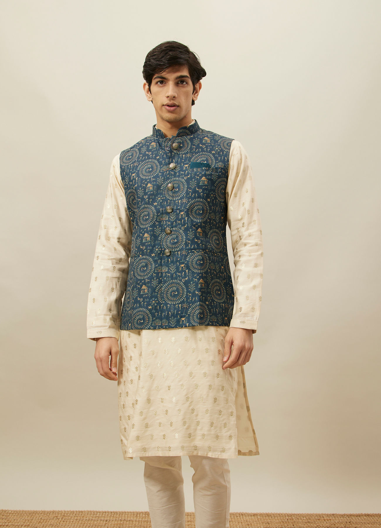 Manyavar Men Pine Green Tribal Art Printed Jacket