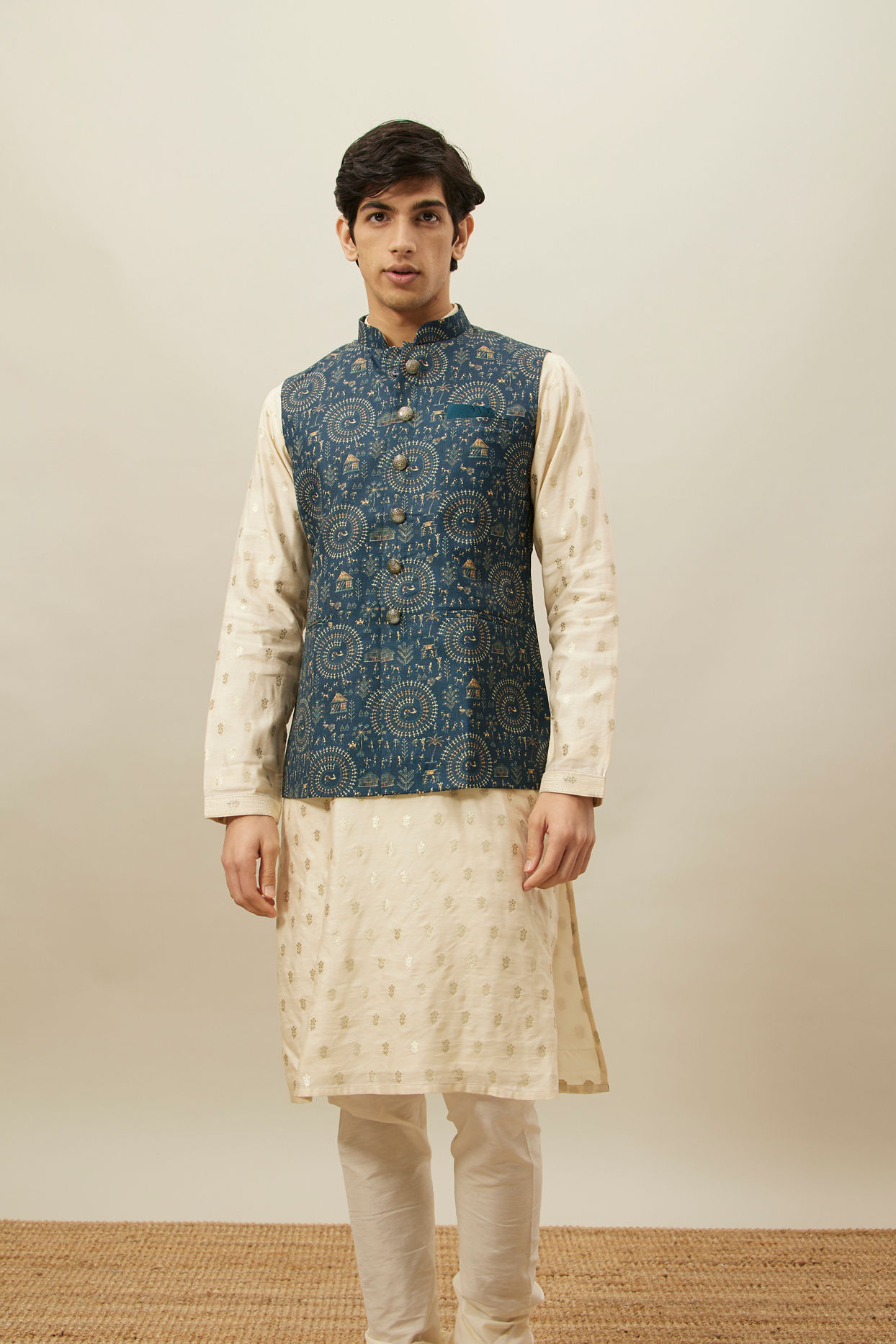 Manyavar Men Pine Green Tribal Art Printed Jacket