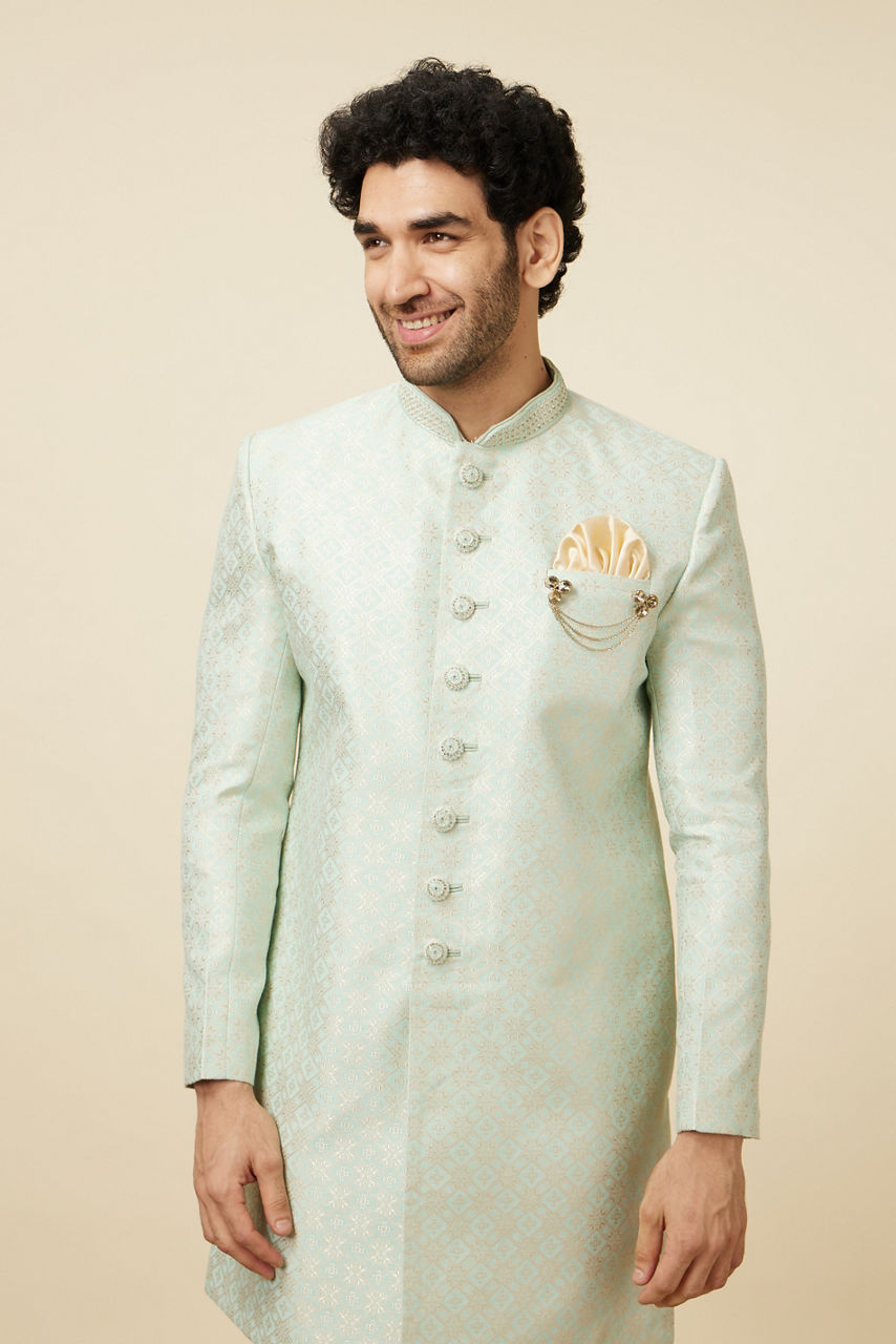 Manyavar Men Tea green Diamond Patterned Indo Western Set