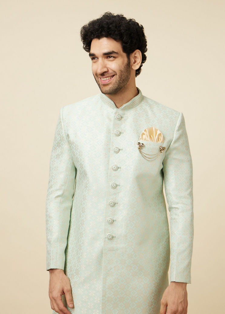 green indo western dress for male Teal Green Designer Indo-Western with Asymmetrical Embroidery and Meta –  Tejas Harish main image 0