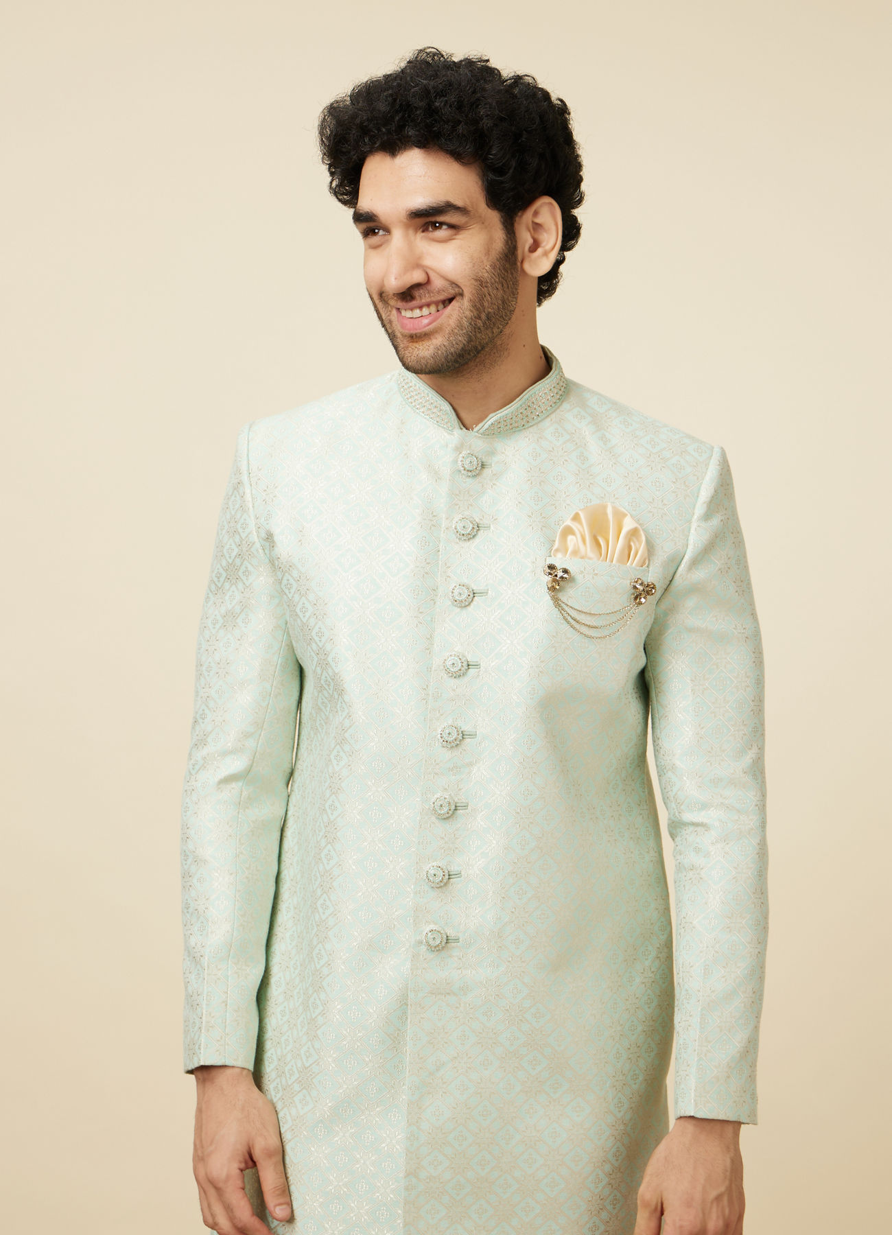 Manyavar Men Tea green Diamond Patterned Indo Western Set