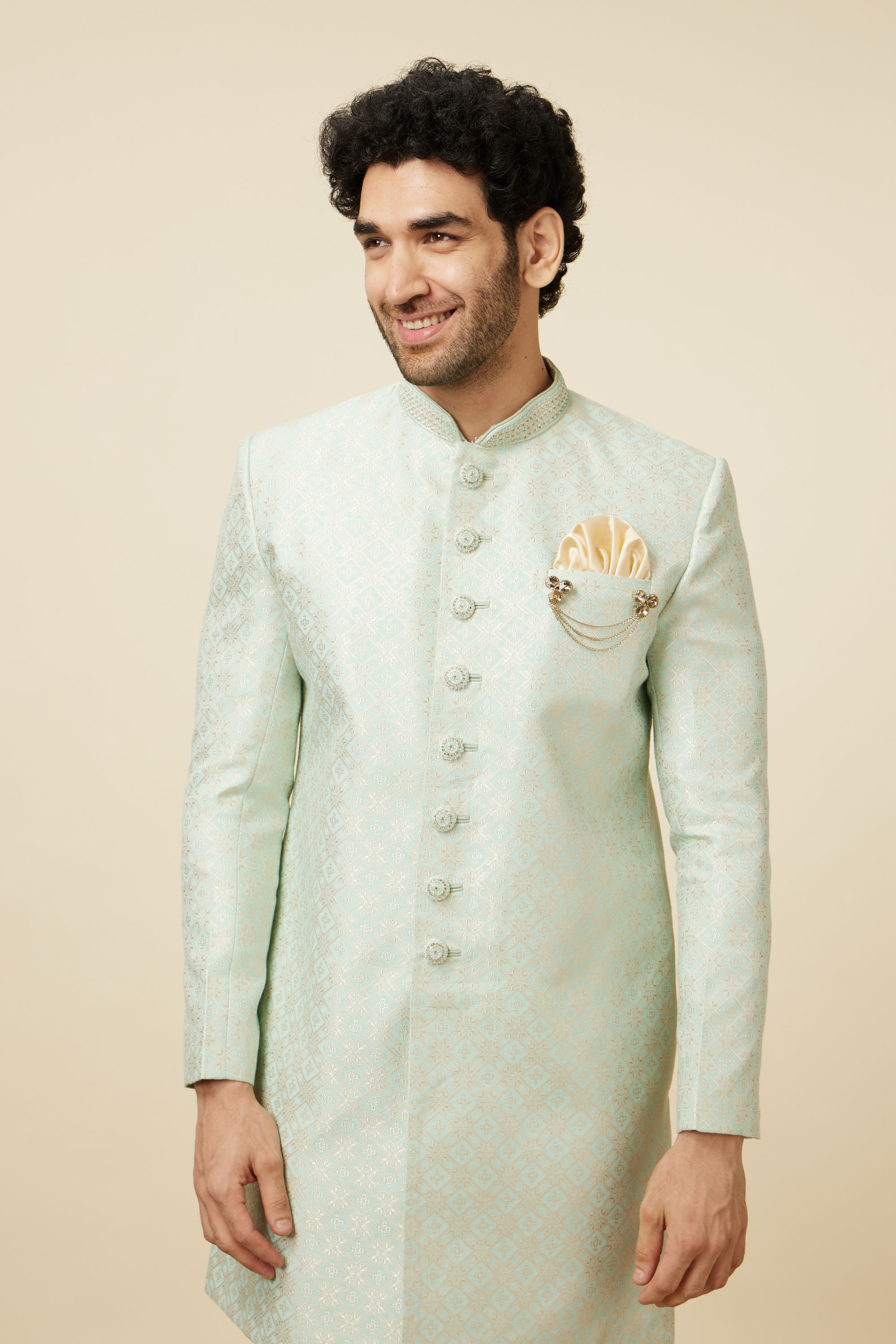 Manyavar Men Tea green Diamond Patterned Indo Western Set