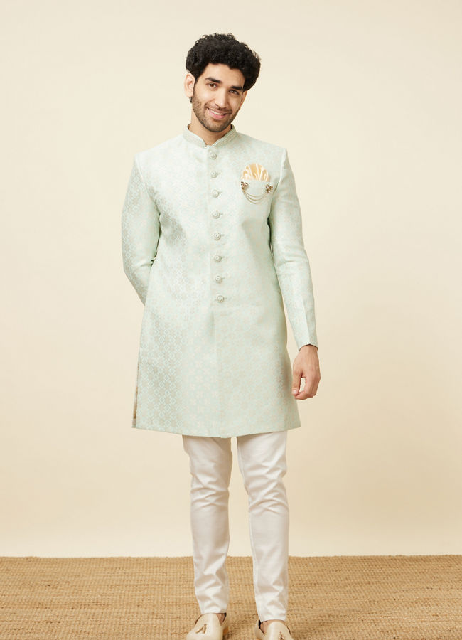 alt message - Manyavar Men Tea green Diamond Patterned Indo Western Set image number 2