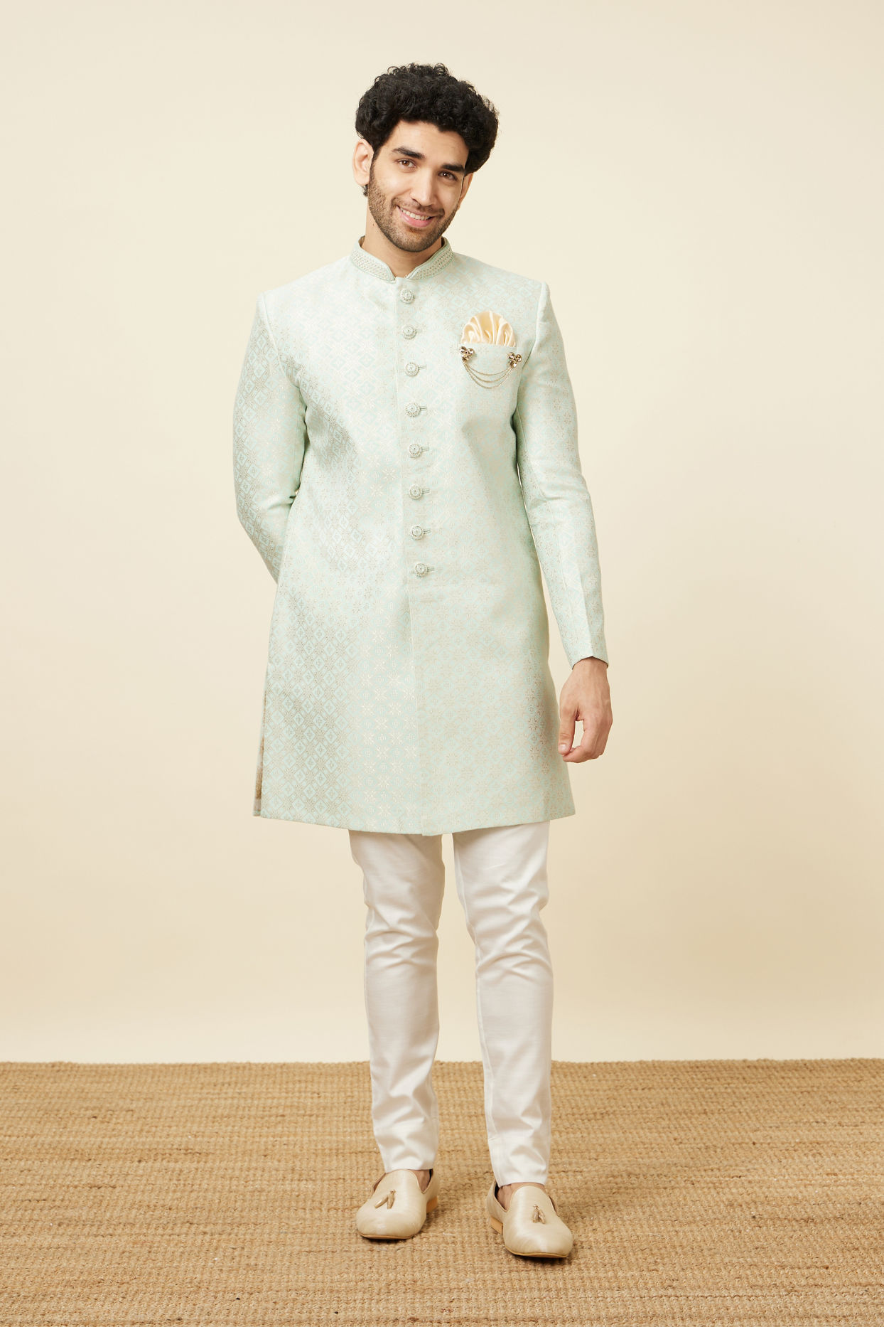 Manyavar Men Tea green Diamond Patterned Indo Western Set