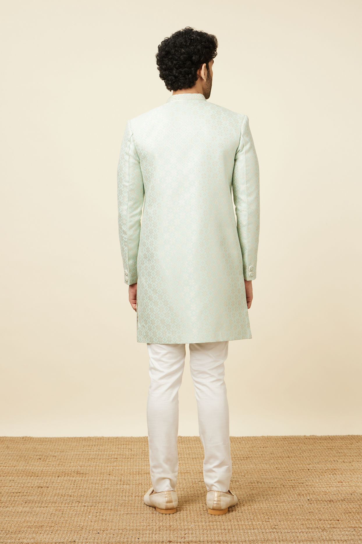 alt message - Manyavar Men Tea green Diamond Patterned Indo Western Set image number 4