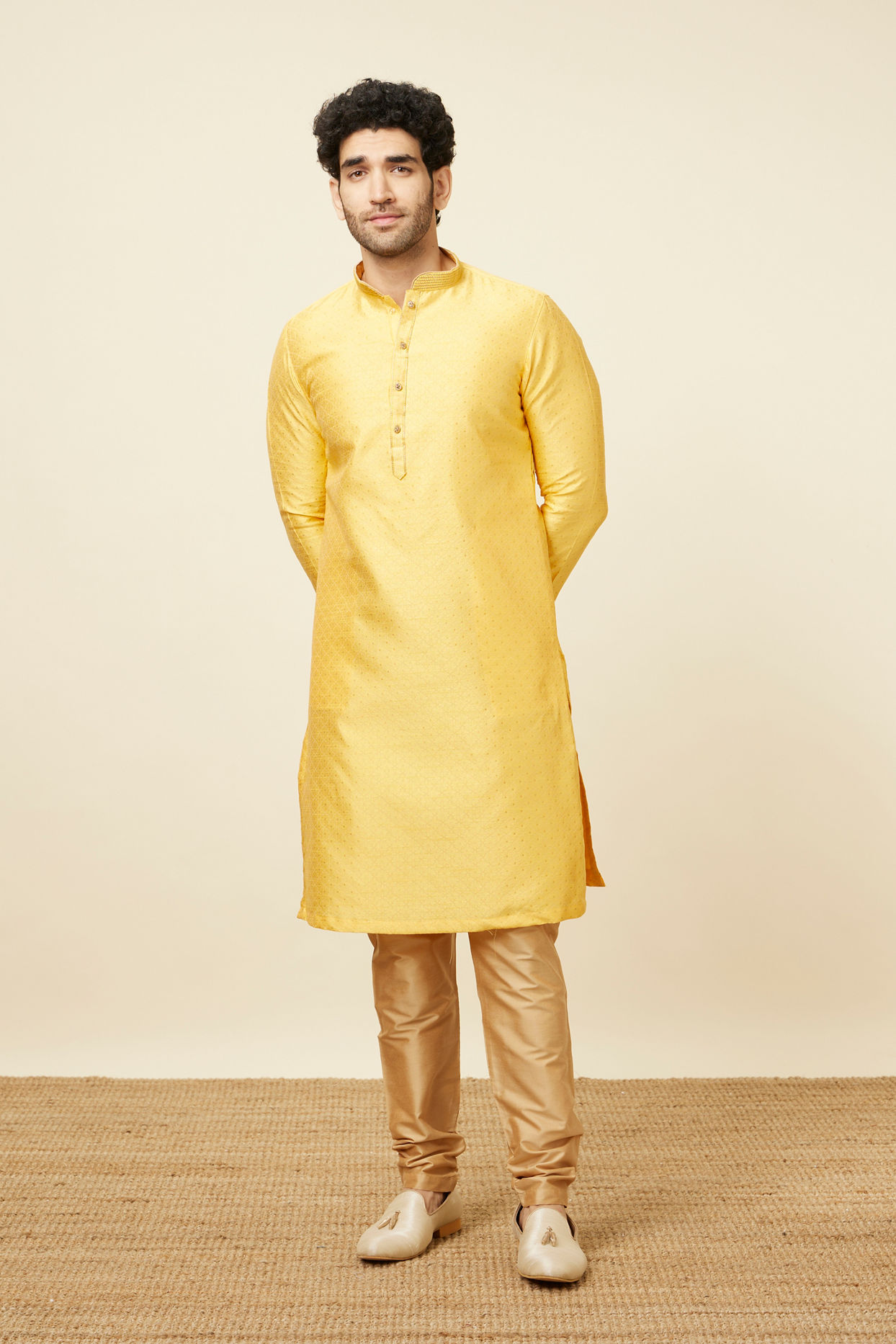 alt message - Manyavar Men Vibrant Yellow Kurta Pajama image number 2