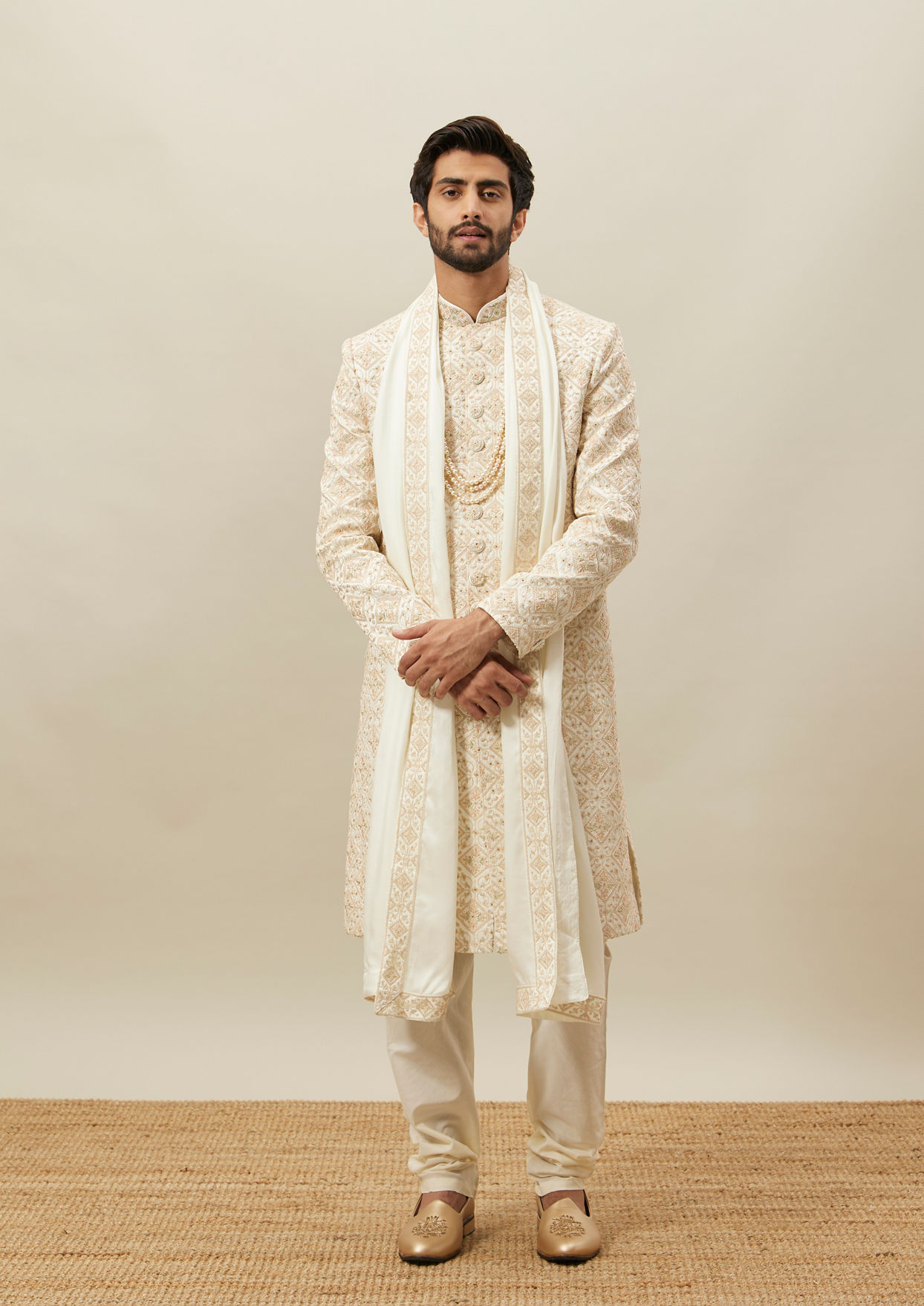 alt message - Twamev Men Cream Heavy Embroidery Sherwani Set image number 2