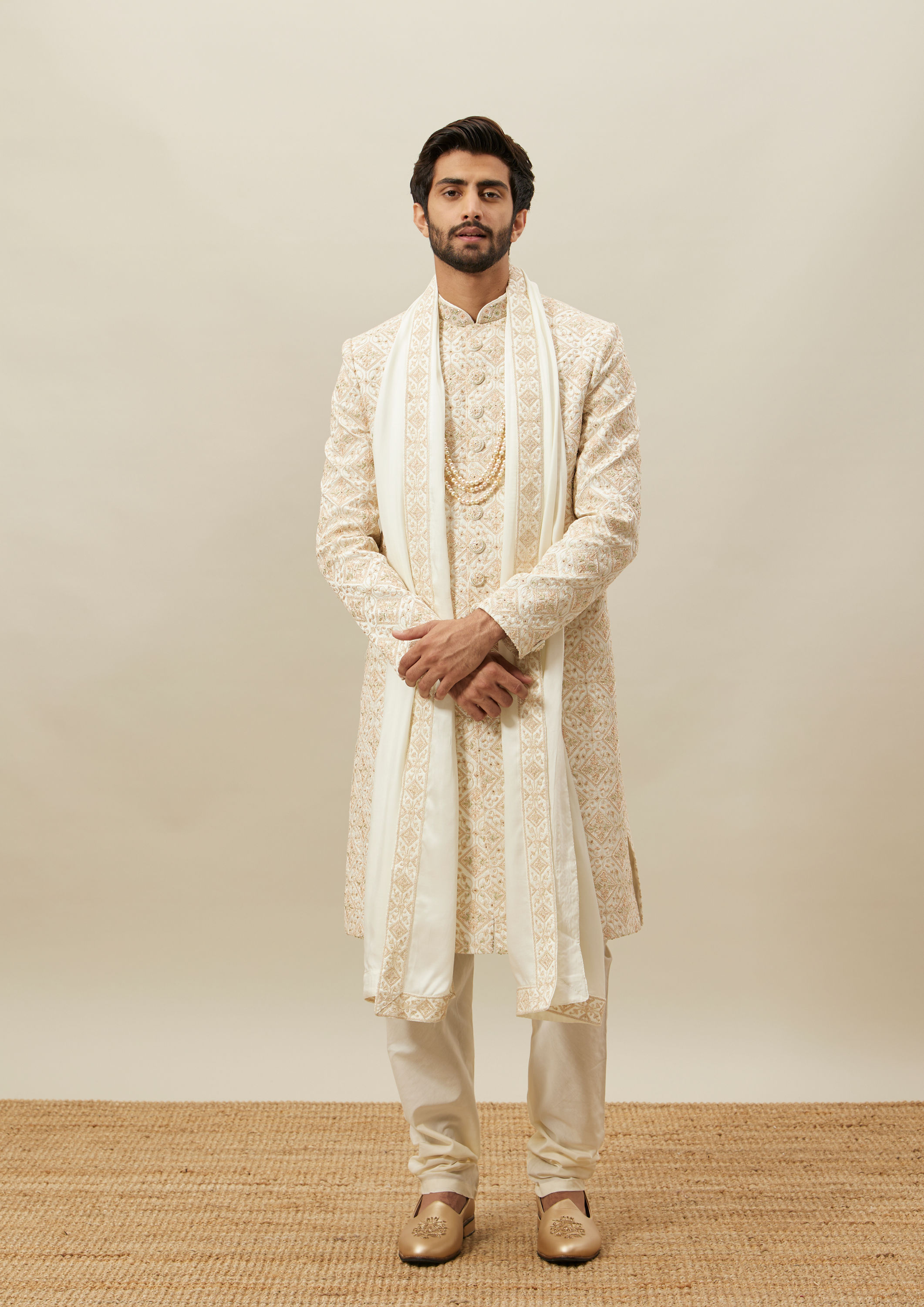 Twamev Men Cream Heavy Embroidery Sherwani Set