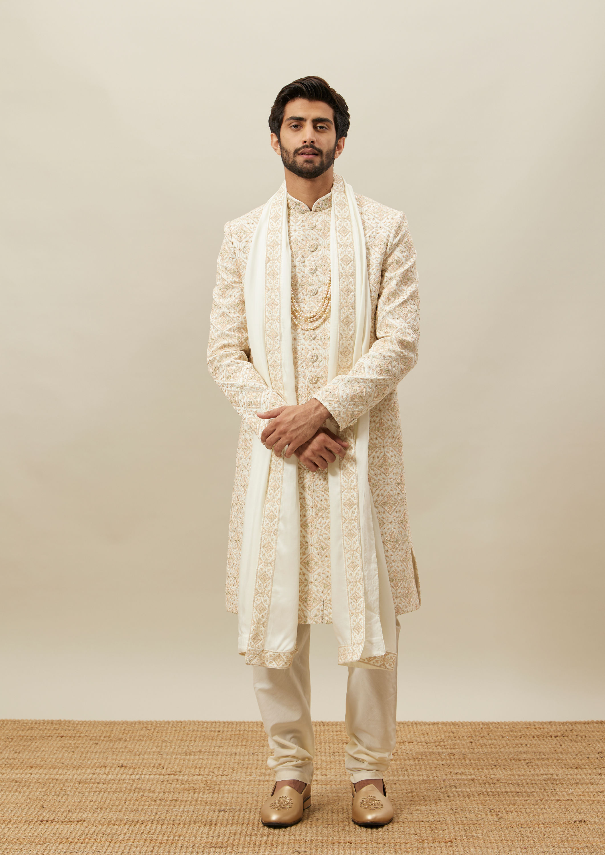 Twamev Men Cream Heavy Embroidery Sherwani Set image number 2