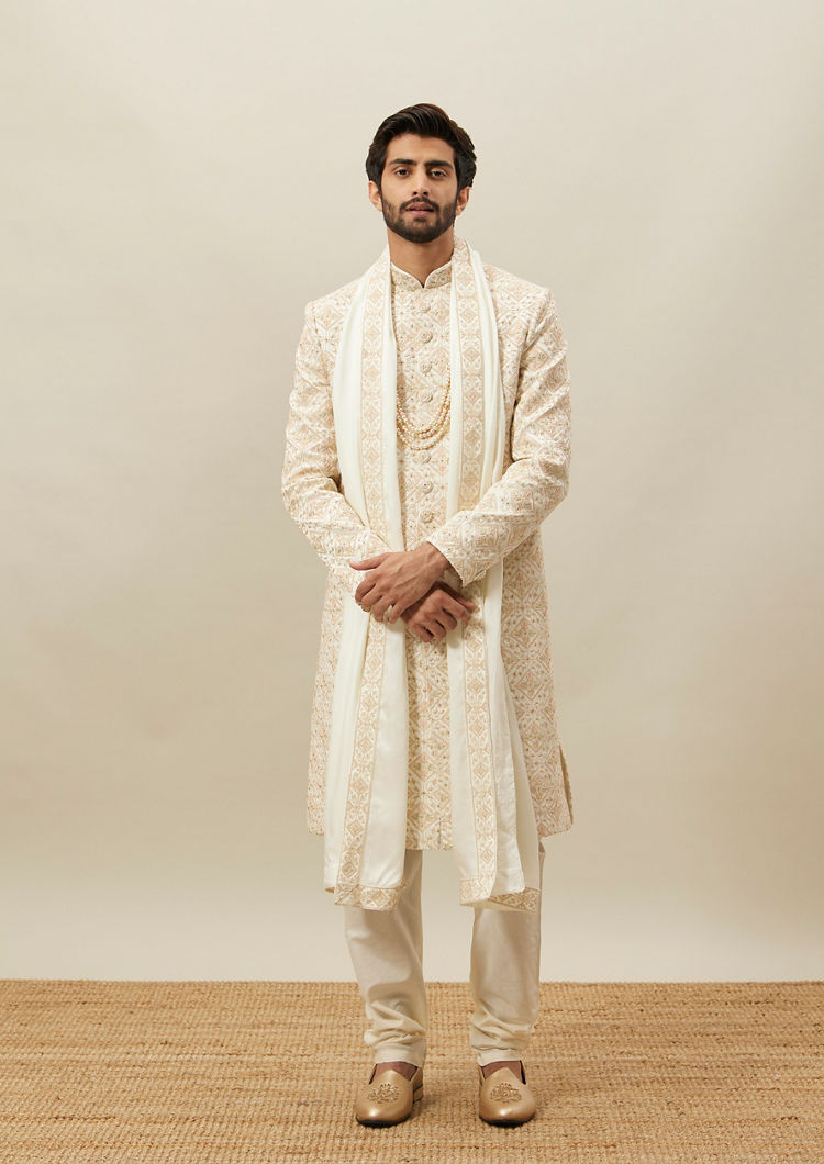 Twamev Men Cream Heavy Embroidery Sherwani Set