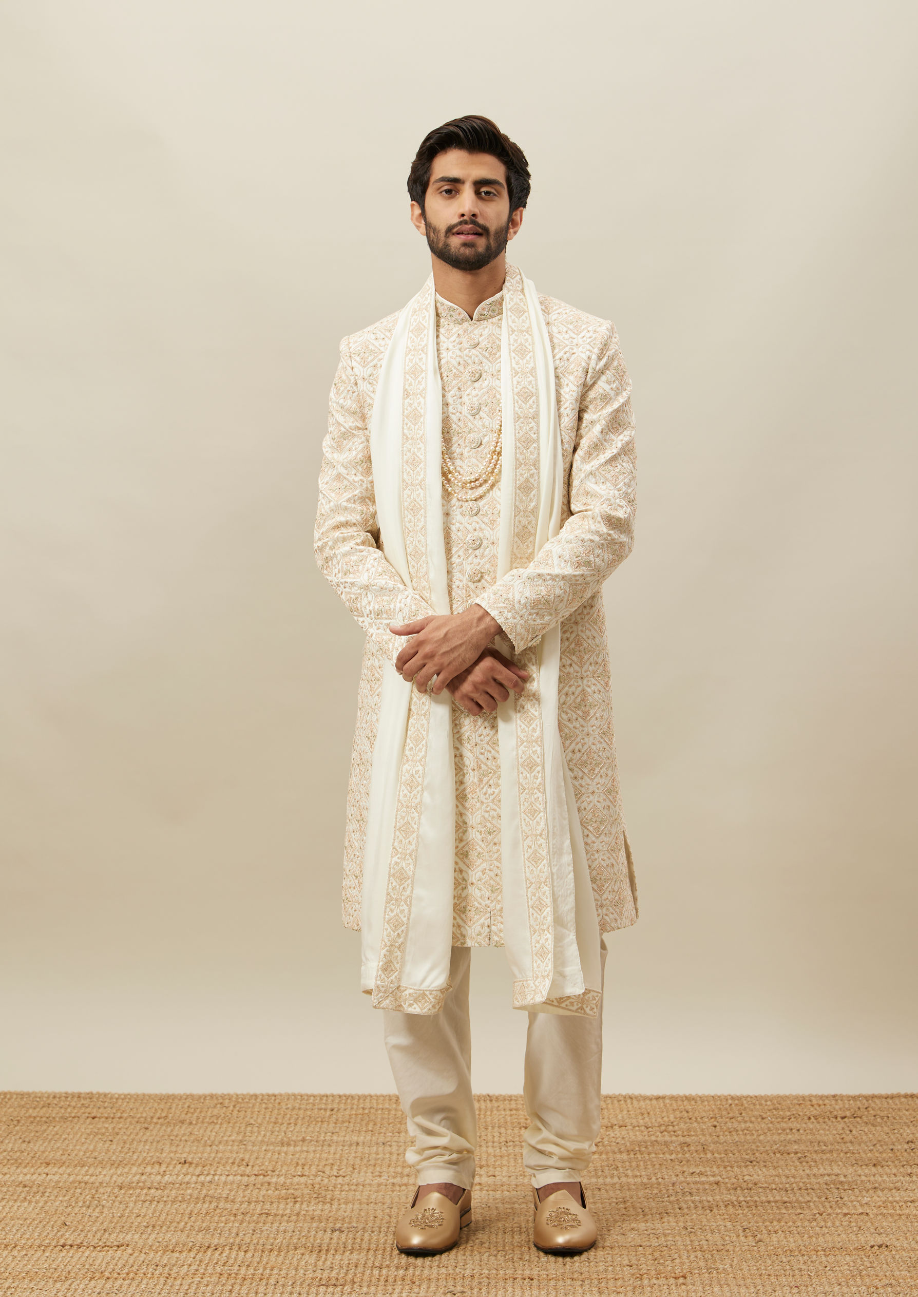 Twamev Men Cream Heavy Embroidery Sherwani Set