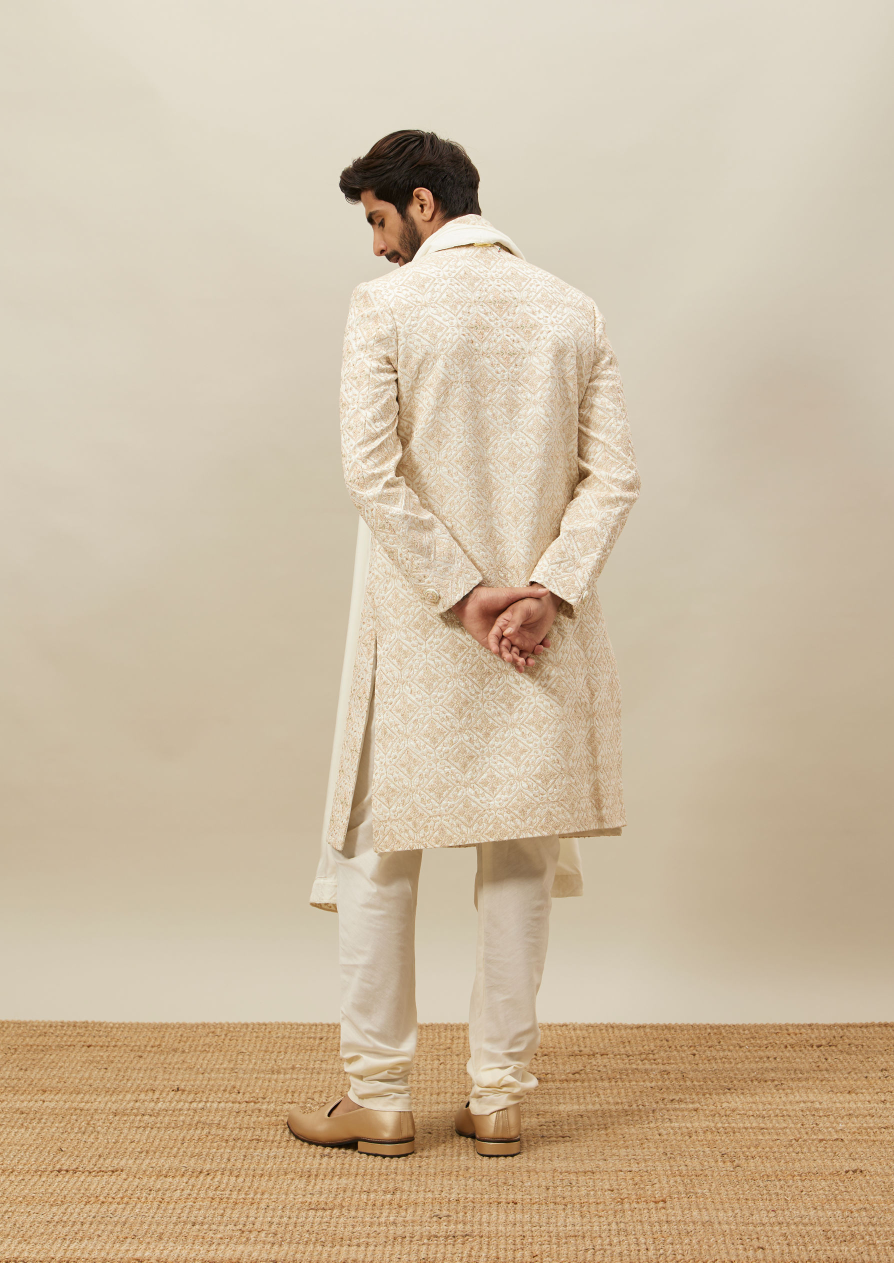 Twamev Men Cream Heavy Embroidery Sherwani Set