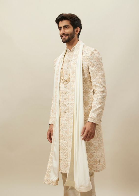 Twamev Men Cream Heavy Embroidery Sherwani Set