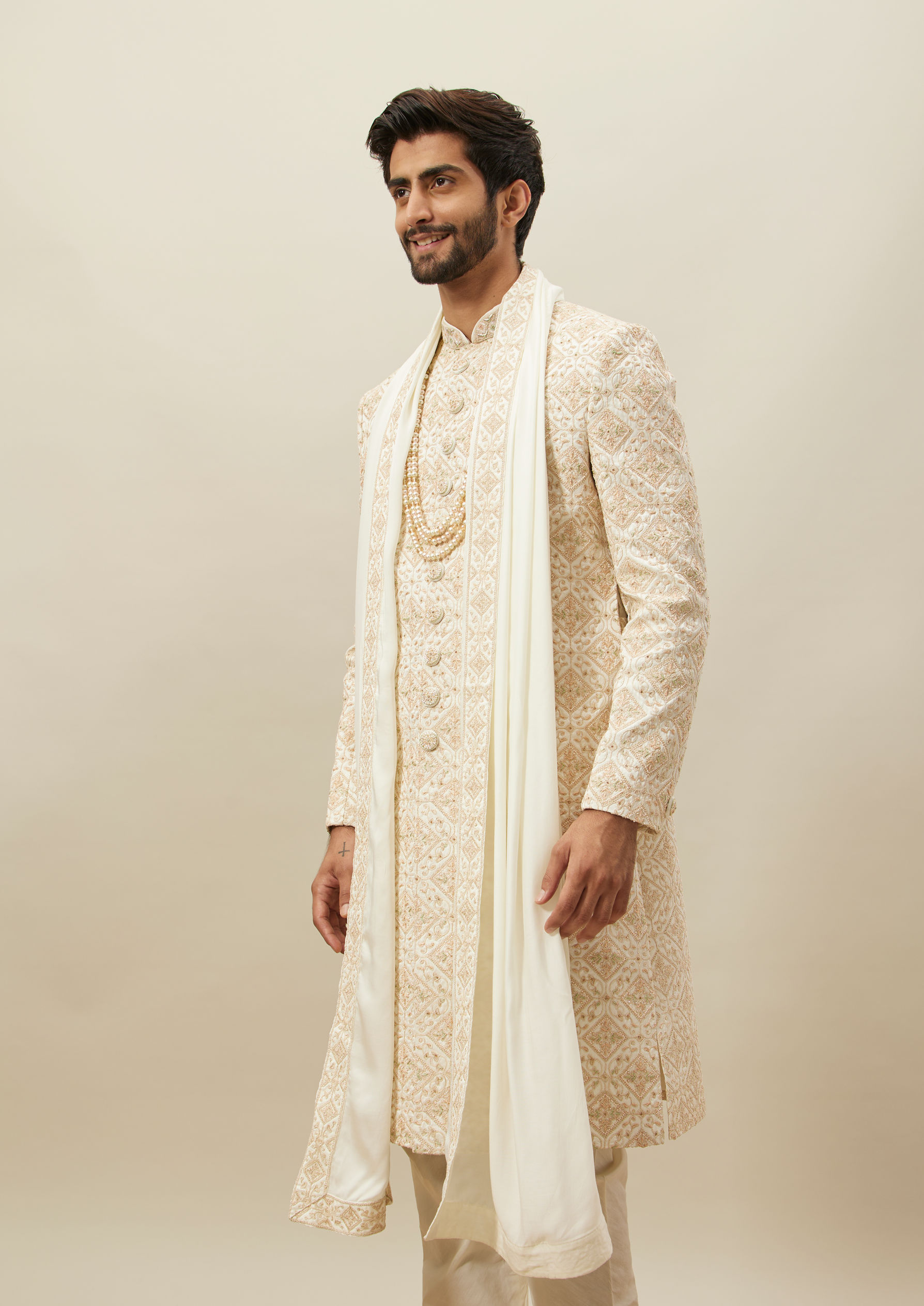 Twamev Men Cream Heavy Embroidery Sherwani Set